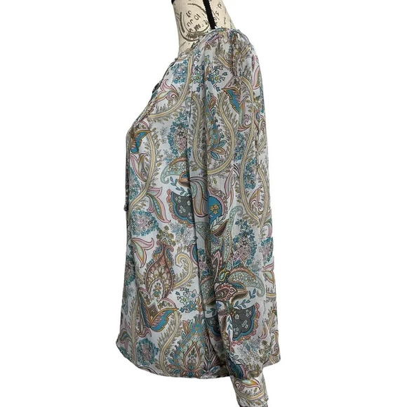 LOFT Paisley Floral Tie Front Long Sleeve Top Ruffle Artsy  Size Medium - Picture 3 of 9